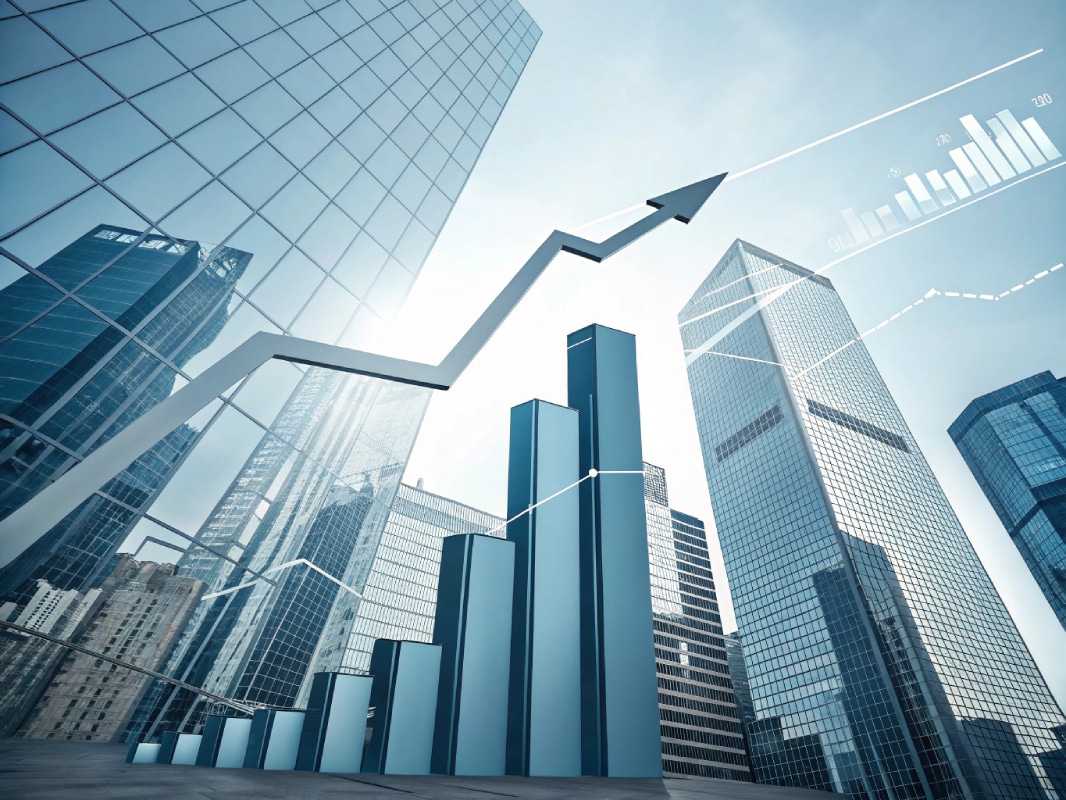 Edificios de oficinas con gráfico ascendente